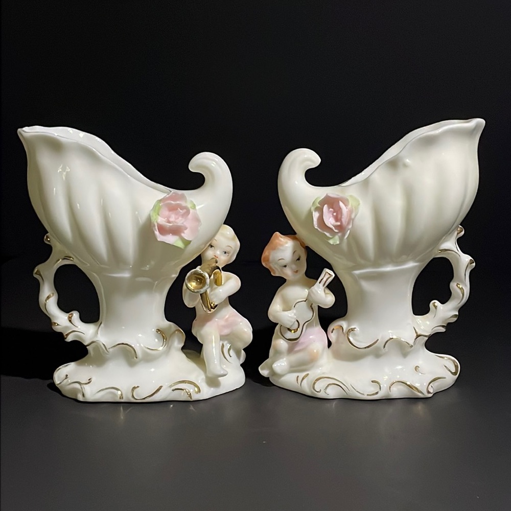 Vintage Hand Painted Porcelain Cherub Vases Japan set of 2 Planters